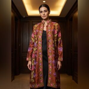 Kashmiri Aari Silk Jacket Coat embroidery floral orange rust MEDIUM button down